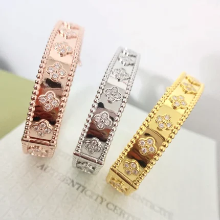 Beautiful Diamond Clover Hinged Bangle Bracelet
