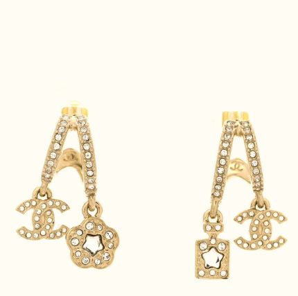 Chanel Crystal CC Perfume Bottle Flower Double Hoop Earrings