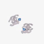 Luxury Silver CC Stud Chanel Crystal Blue Heart Stud Earrings