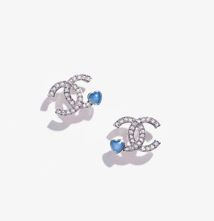 Luxury Silver CC Stud Chanel Crystal Blue Heart Stud Earrings